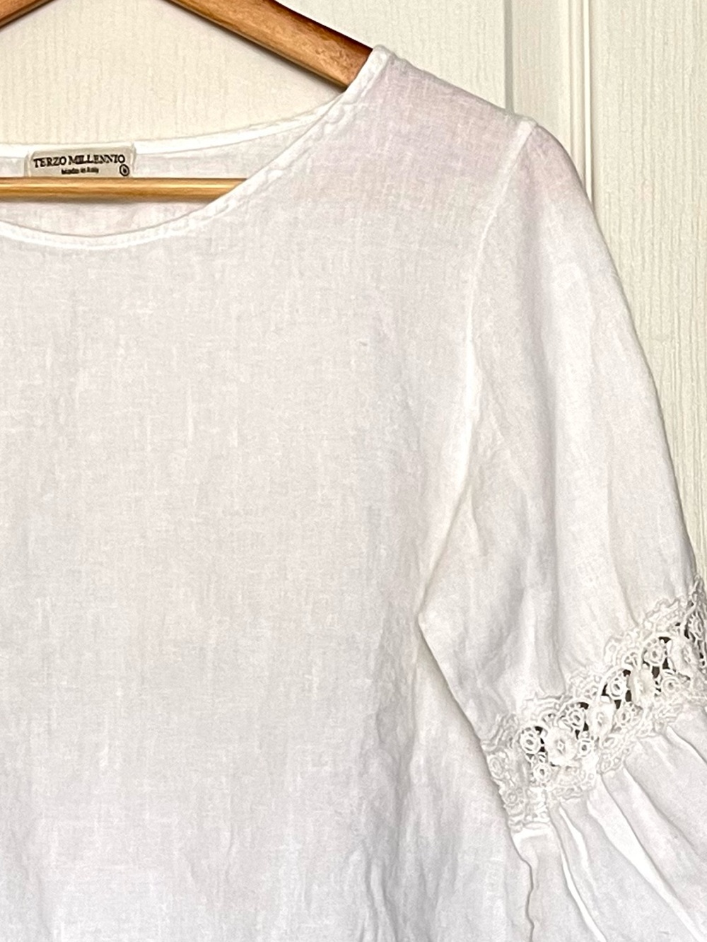 Terzo Millennio Italy White 100% Linen Lace Sleeve Boho Lagenlook Blouse Size M - Picture 12 of 14
